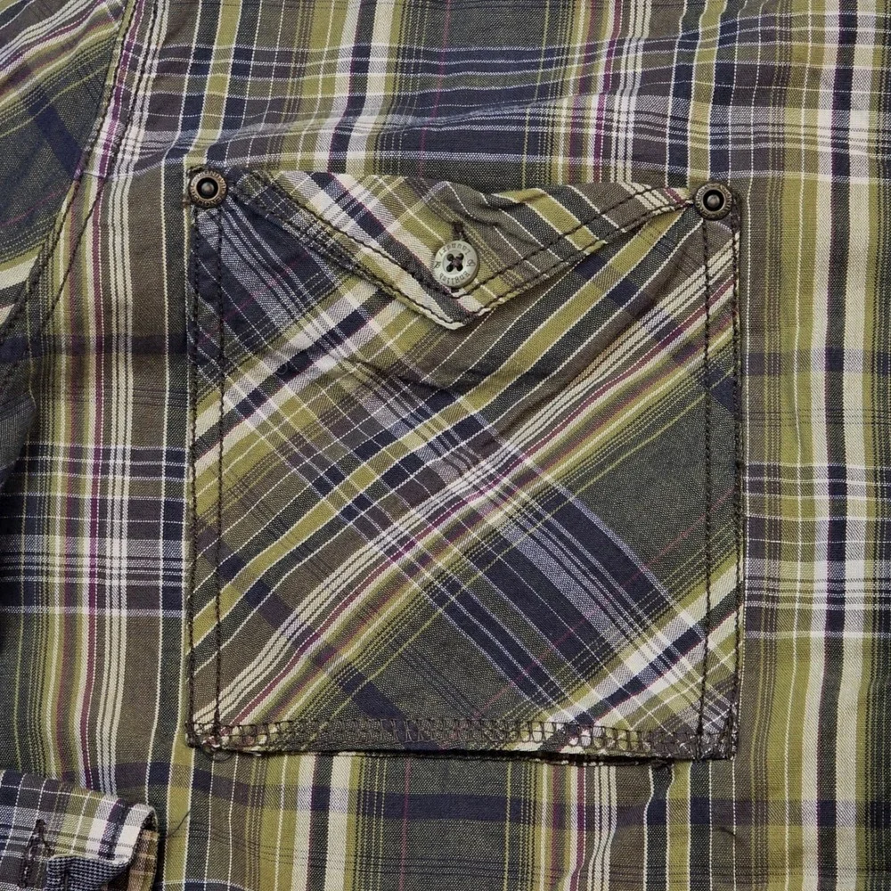 English Laundry Blaque Label Mens XL Plaid Button Down Shirt Olive Green Cotton